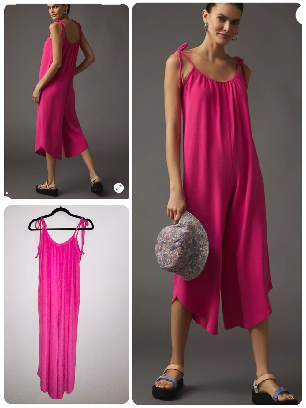 Anthropologie Shoulder-Tie Terry Wide Leg Jumpsuit Bright Pink Romper Size Small